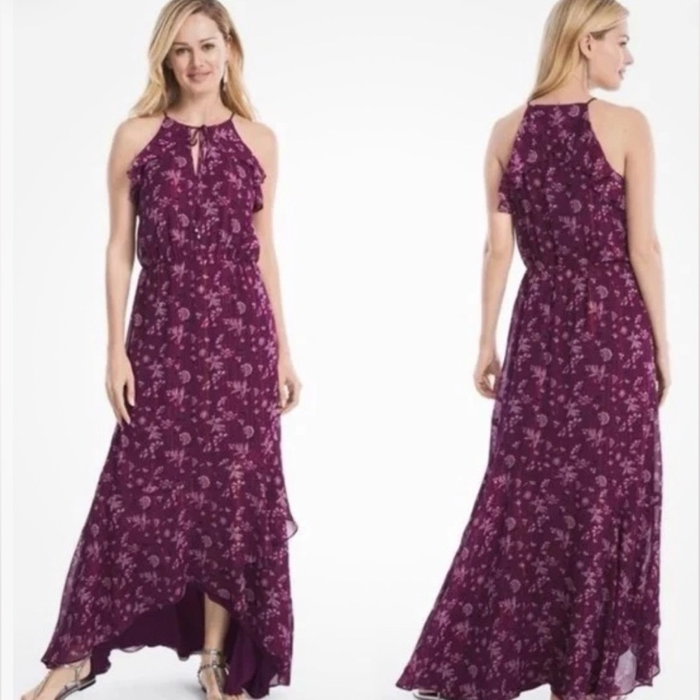 White House Black Market Purple Floral Ruffle Hi/Lo Maxi Dress